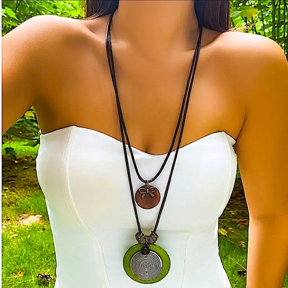 Vintage Wooden Boho Tribal Necklace Geometric - Picture 1 of 4